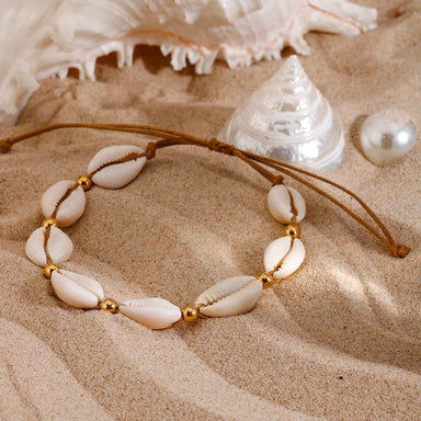 J&D Stainless Steel 18K PVD Plating Bead Beach Jewelry Nugget Shell Cord Braided  Adjustable Anklet