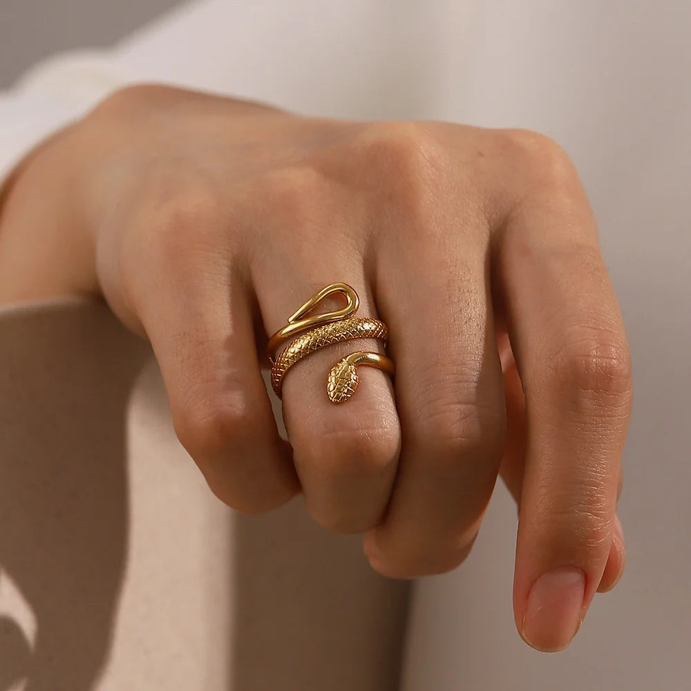 Classic Texture Snake Design Layer 18K Gold Plated Stainless Steel Opening Rings Fashion Jewelry