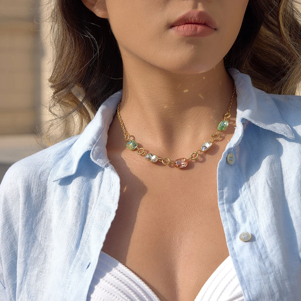 J&D 18K Gold Plated Stainless Steel Rhinestone Cross Necklace Square Colored Crystal Pendant Elegant Fashion Jewelry Women