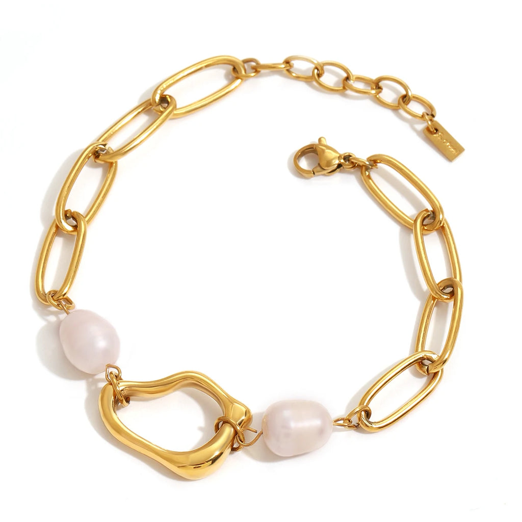 J&D Luxury 18k Gold Stainless Steel Adjustable Bracelets Freshwater Pearl Irregular Pendant Bracelets