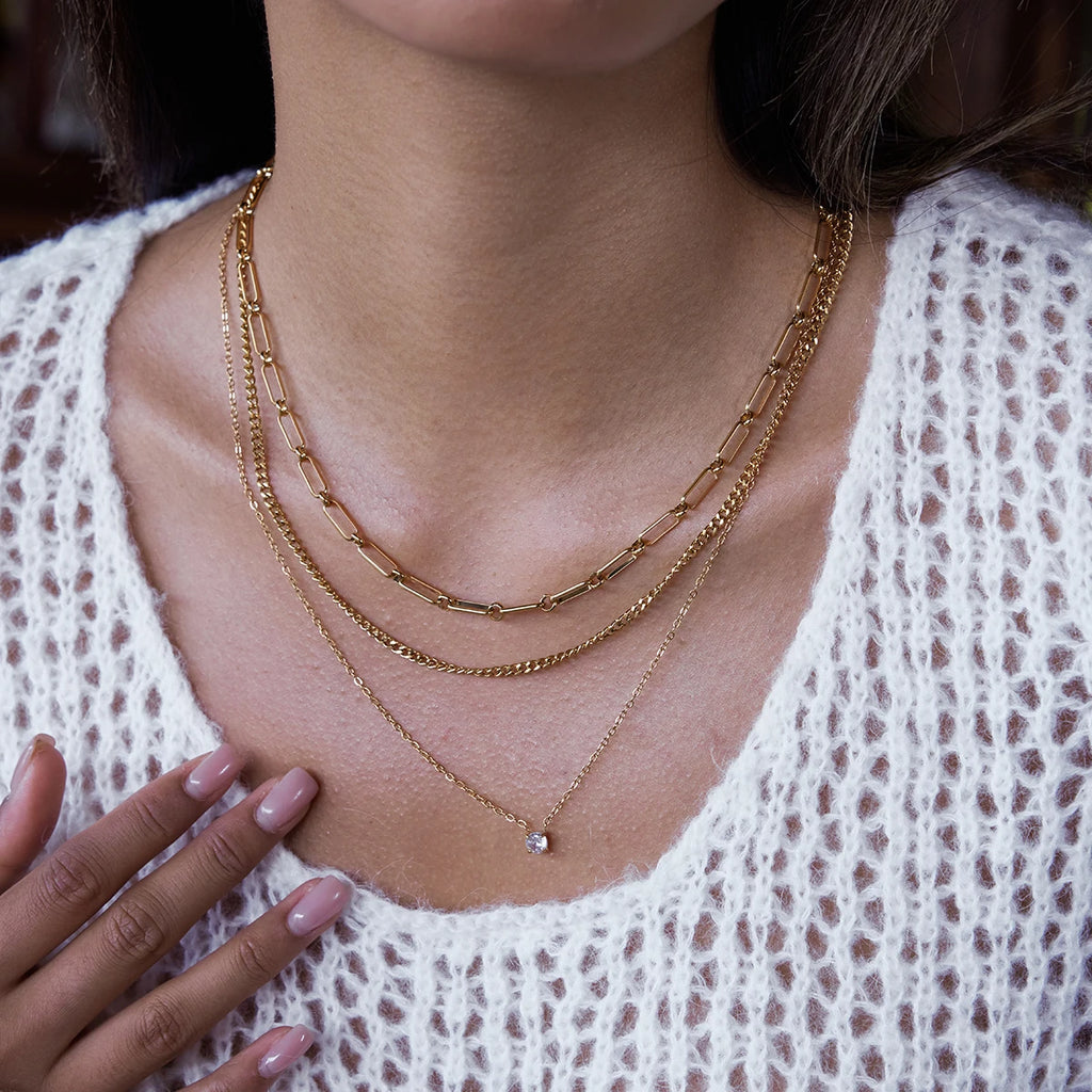 Three Layers Cuban Paper Clip O Shape Chain Necklace