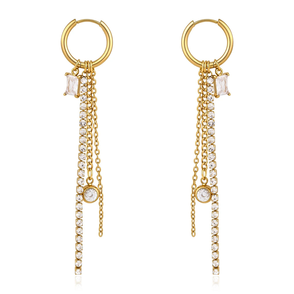 J&D Jewelry 18K Gold Plated Stainless Steel Square Zirconia Tassel Earrings for Women White Rhinestone Chain Dangle Jewelry