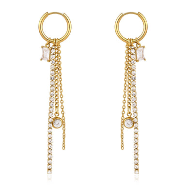 J&D Jewelry 18K Gold Plated Stainless Steel Square Zirconia Tassel Earrings for Women White Rhinestone Chain Dangle Jewelry