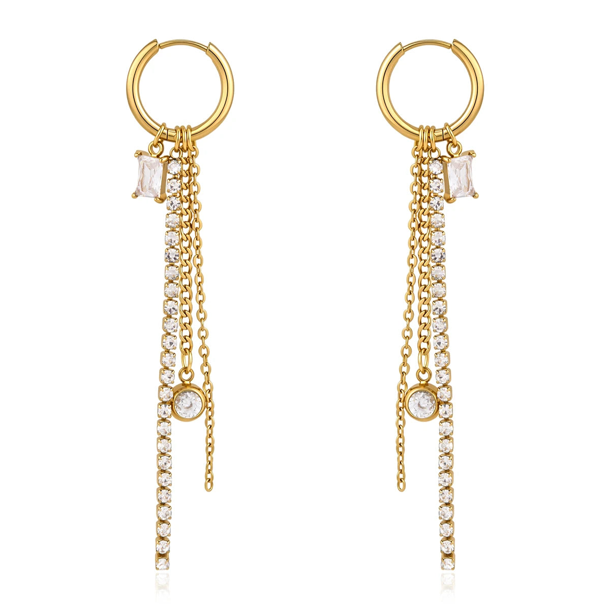 J&D Jewelry 18K Gold Plated Stainless Steel Square Zirconia Tassel Earrings for Women White Rhinestone Chain Dangle Jewelry