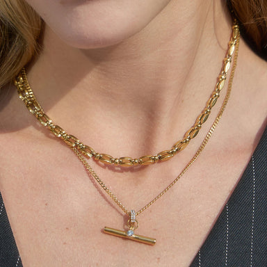 J&D Original Design Minimalist T Bar Necklace 18K Gold Stainless Steel Fashion Rhinestone T Bar Pendant Necklace