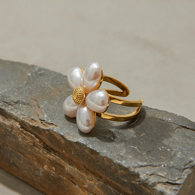 J&D 18k Gold Stainless Steel 18K Tarnish Free Waterproof Shell Beads Flower Open Ring