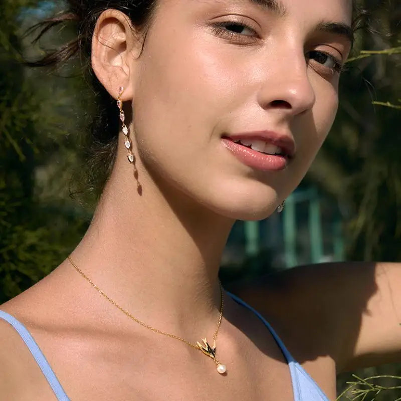 J&D Jewelry Sweet Enamel Swallow Bird Dangle Earrings Gold Plated Stainless Steel Acrylic Pearl Drop Jewelry for Women