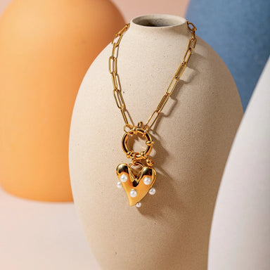 J&D Designer 20cm Stainless Steel Women Bracelet 18K Gold Plated Big Heart Pearl Pendant Bracelet