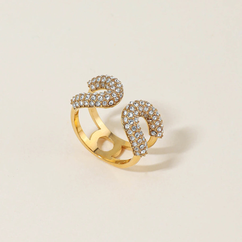 J&D Designer Inspired Women Open Paperclip Ring White Crystal Rhinestones Adjustable Ring 18K Gold Minimalist StackableJewelry