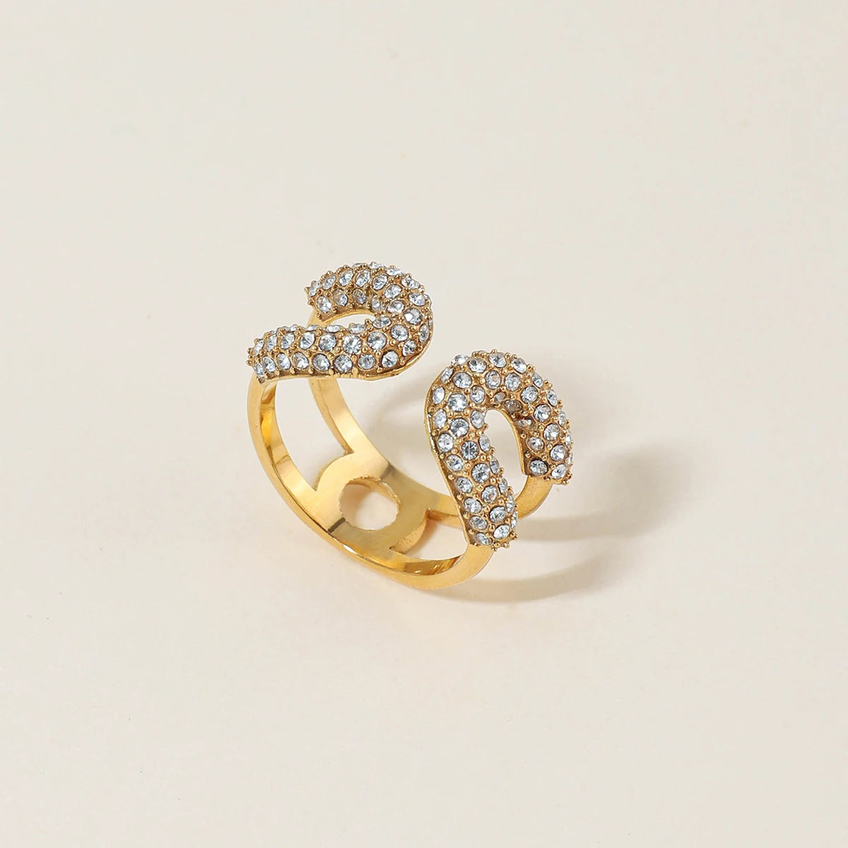 J&D Designer Inspired Women Open Paperclip Ring White Crystal Rhinestones Adjustable Ring 18K Gold Minimalist StackableJewelry