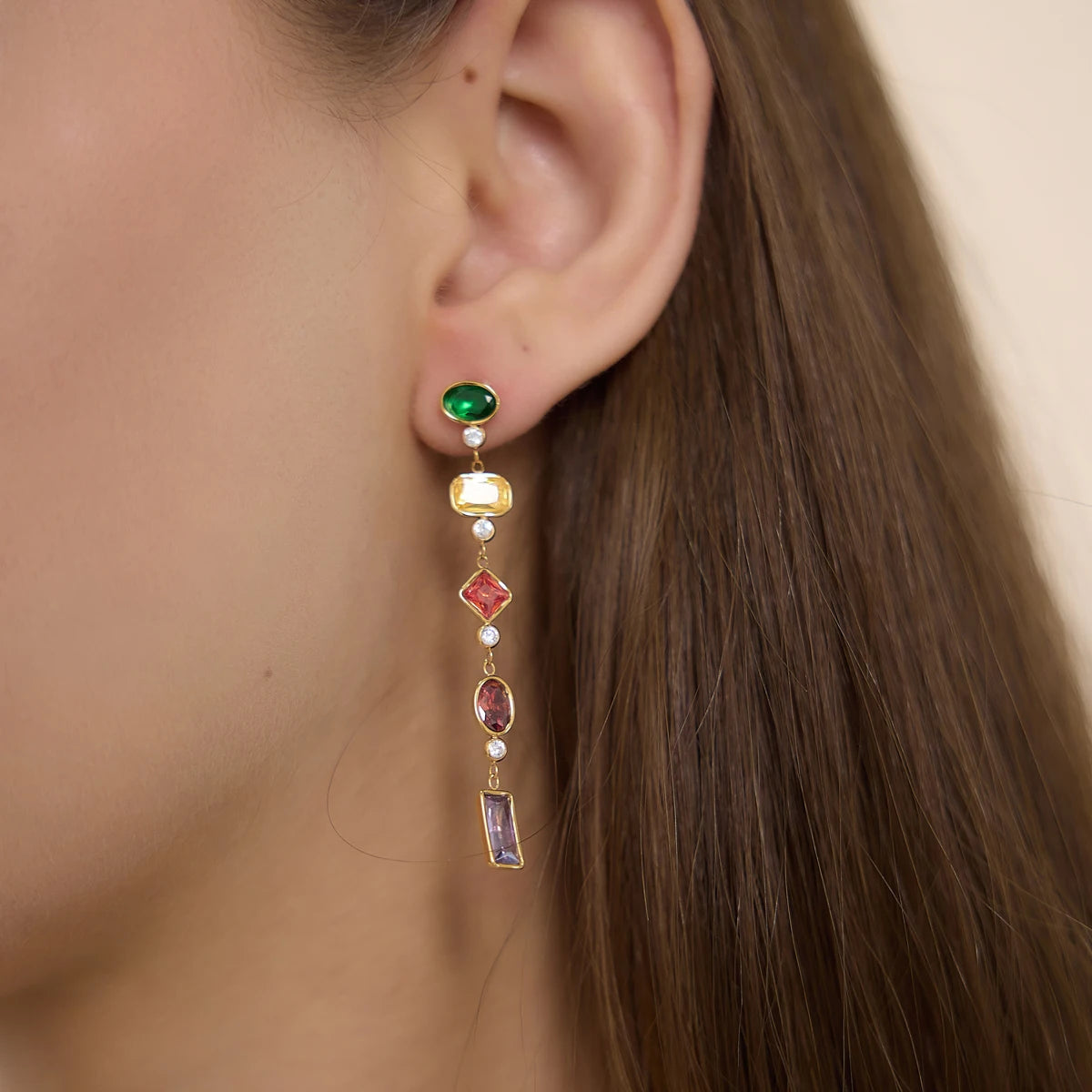 J&D Jewelry Asymmetric AB Colorful Geometric Zirconia Tassel Earrings Gold Plated Stainless Steel Waterproof Jewelry for Women