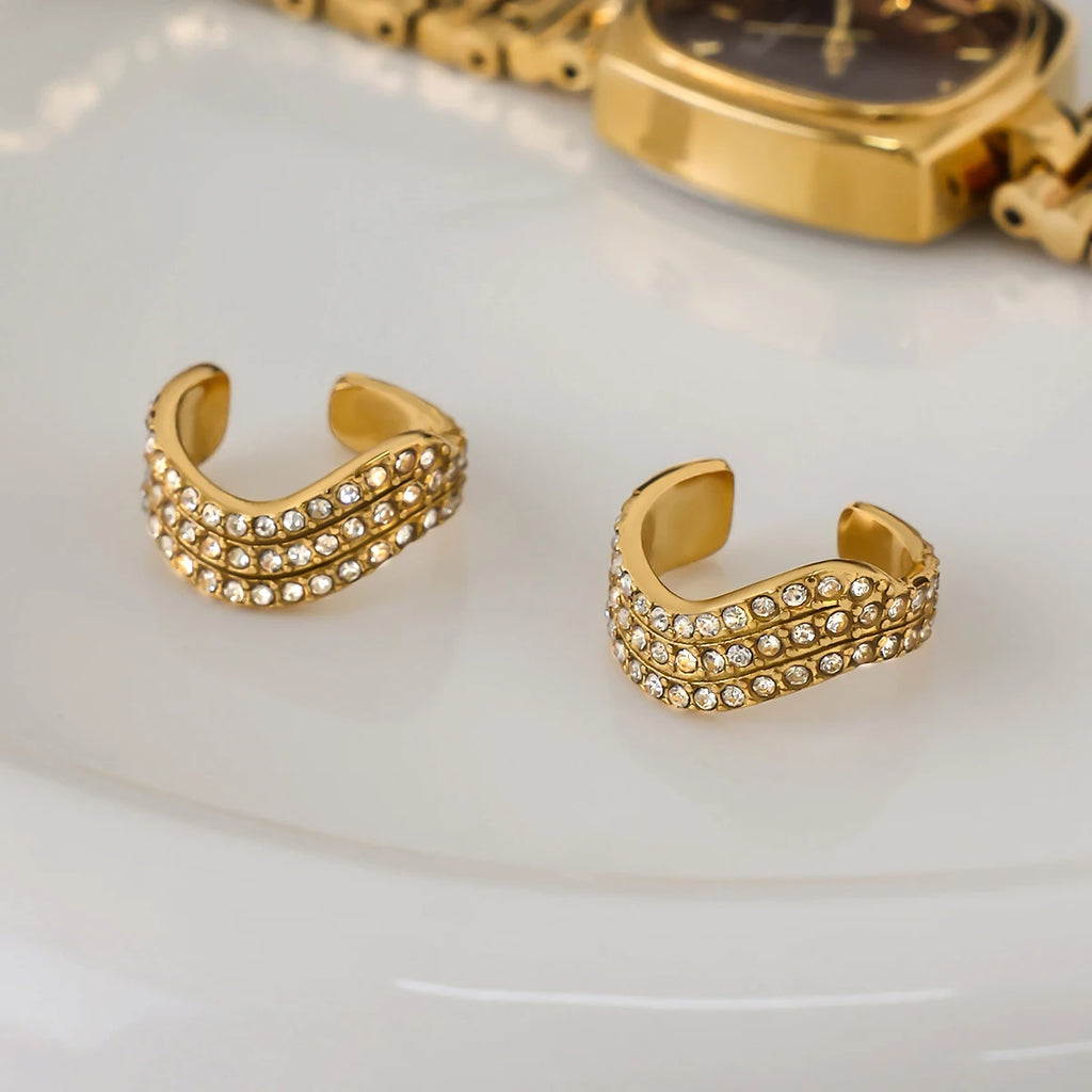 Three-layer White Rhinestone Wave Ear Clips