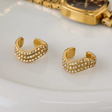 Three-layer White Rhinestone Wave Ear Clips