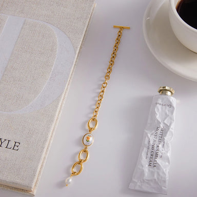 J&D Classic 18K Gold Plated Stainless Steel Chain Bracelet Freshwater Pearl Pendant Acrylic Printing Toggle