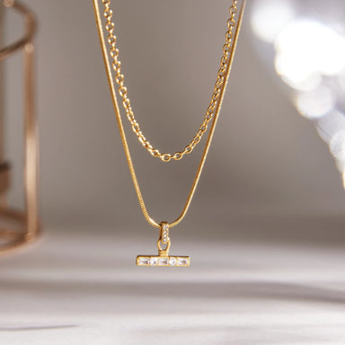 J&D Jewelry Layered Snake Cable Chain Necklace with Rhinestone T Bar Pendant for Women Daily Wear