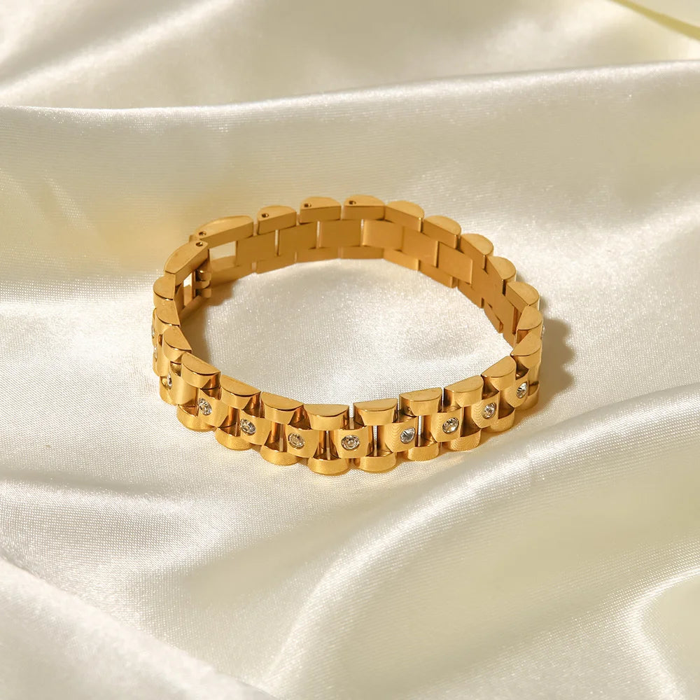 New Trendy 18k Gold Plated Stainless Steel Strap Jewelry Waterproof Wide Cubic Zirconia Belt Bracelet