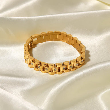 New Trendy 18k Gold Plated Stainless Steel Strap Jewelry Waterproof Wide Cubic Zirconia Belt Bracelet