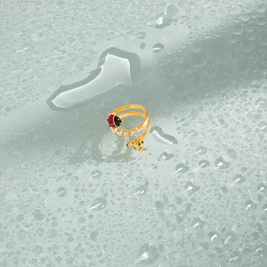 J&D Triple Layer Open Ring for Women Stainless Steel Enamel Ladybug Bee and Zirconia Nature Inspired Dainty Stacking Jewelry