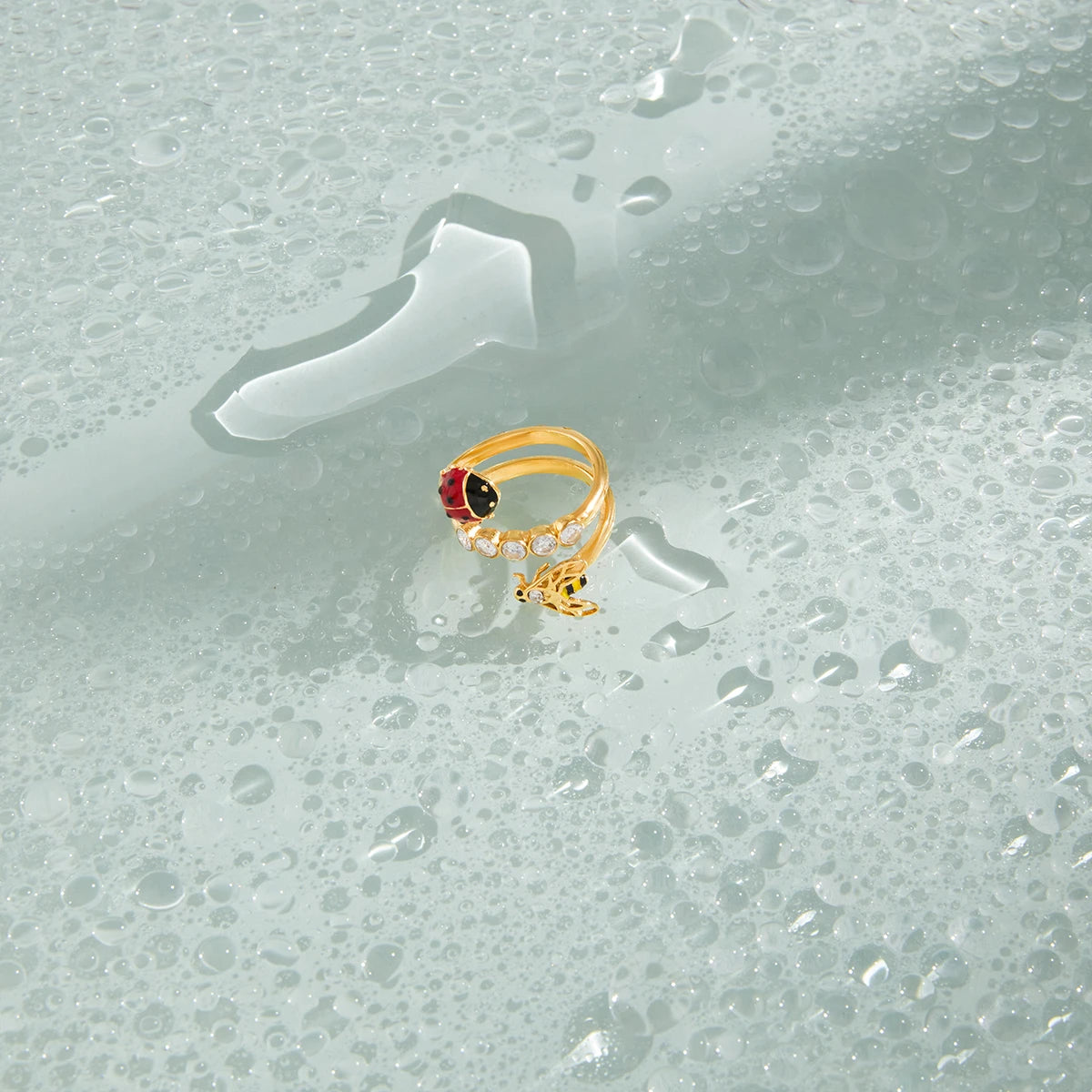 J&D Triple Layer Open Ring for Women Stainless Steel Enamel Ladybug Bee and Zirconia Nature Inspired Dainty Stacking Jewelry