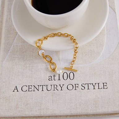 J&D Classic 18K Gold Plated Stainless Steel Chain Bracelet Freshwater Pearl Pendant Acrylic Printing Toggle