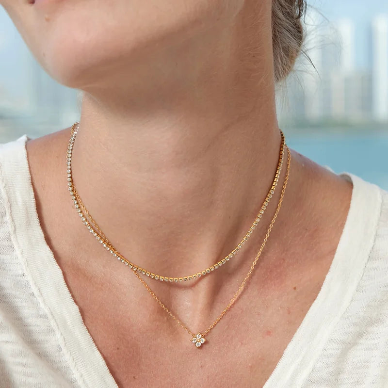 J&D Jewelry 18K Gold Plated Stainless Steel Layered Tennis Chain and Flower Zircon Pendant Necklace for Women