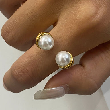 J&D 18K Gold Stainless Steel Adjustable Elegant Modern Jewelry  Pearl Textured Hammered Open Ring