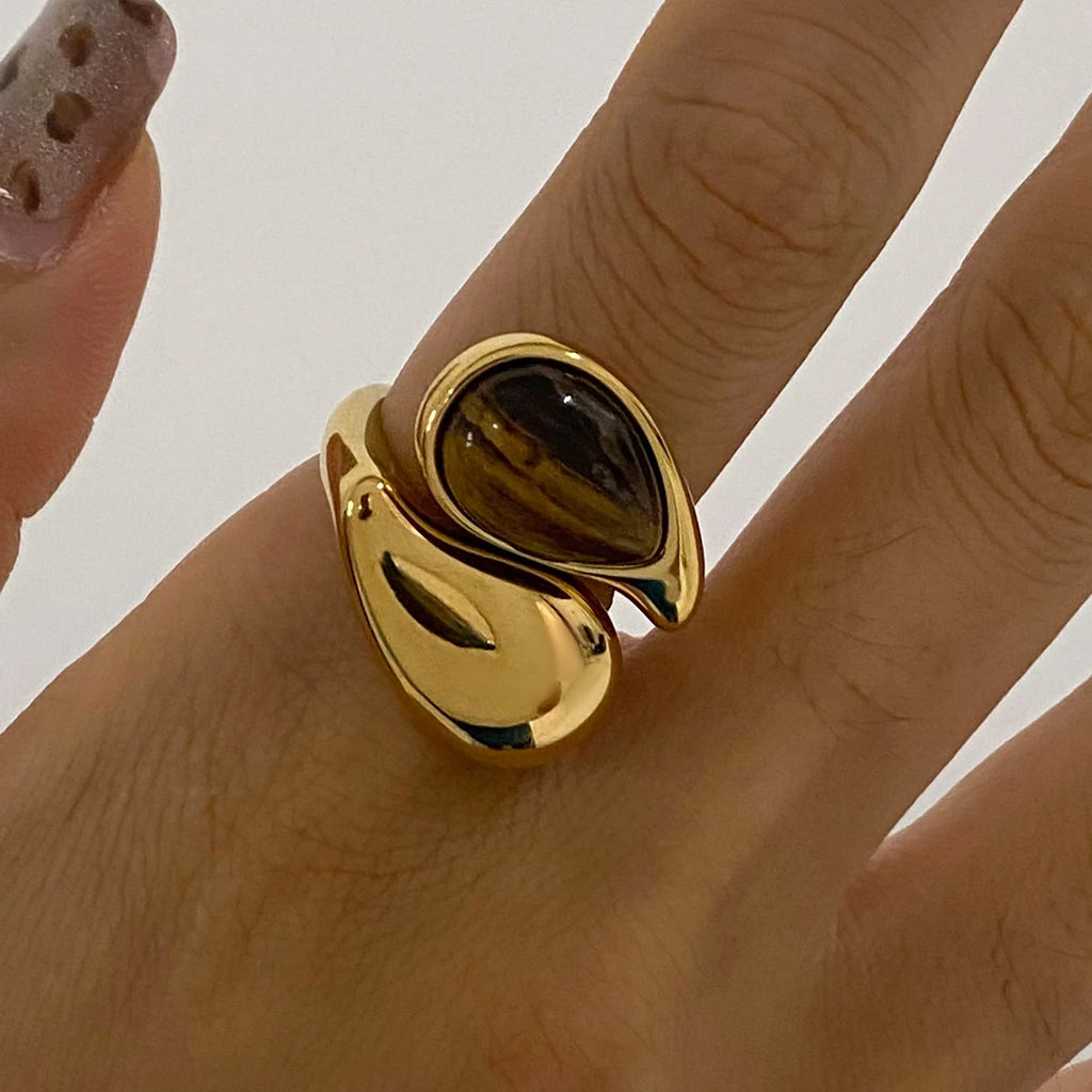 J&D Elegant Style Tiger Eye Stone Drop Ring 18K Gold Stainless Steel Waterdrop Inlaid Fashionable Open Ring Jewelry