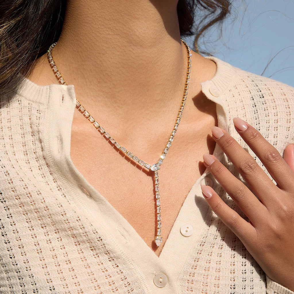 J&D 18K Gold Plate Stainless Steel Necklace Trendy Classic White Zircon Y Chain Snake Pendant Necklace