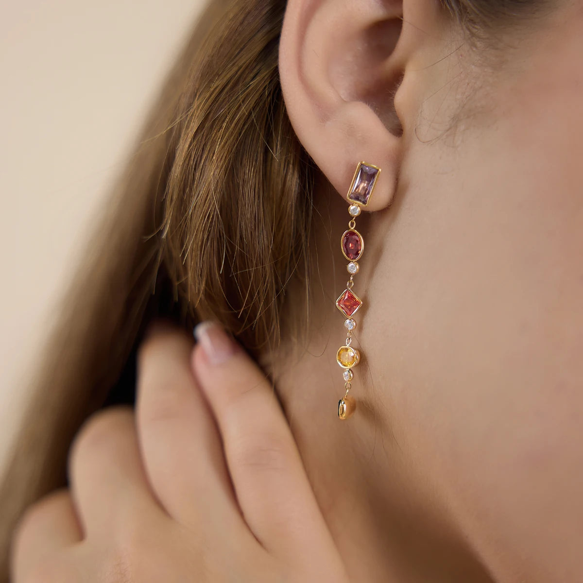 J&D Jewelry Asymmetric AB Colorful Geometric Zirconia Tassel Earrings Gold Plated Stainless Steel Waterproof Jewelry for Women