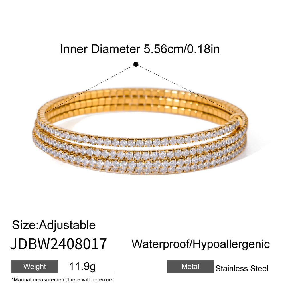 J&D 18k Gold Stainless Steel White Zircon Full Zircon Triple Layer Bracelet Luxurious Style Party Wearing