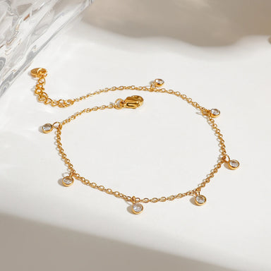 J&D Women's 18K Gold Plated Stainless Steel Anklet Round CZ Stone Waterproof Spring Summer Jewelry Gift