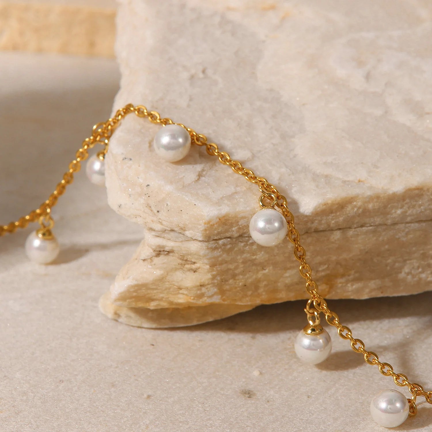 Dainty 18K Gold Plated Stainless Steel Tassel Pearl Charm Chain Pendant Anklet for Women Jewelry