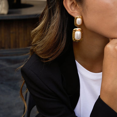 White Pearl Cab Hammer Texture Square Layer Drop Earrings