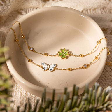 J&D Jewelry 18K Gold Plated Stainless Steel Enamel Clover Butterfly Double Layer Bracelet with Zircon for Women