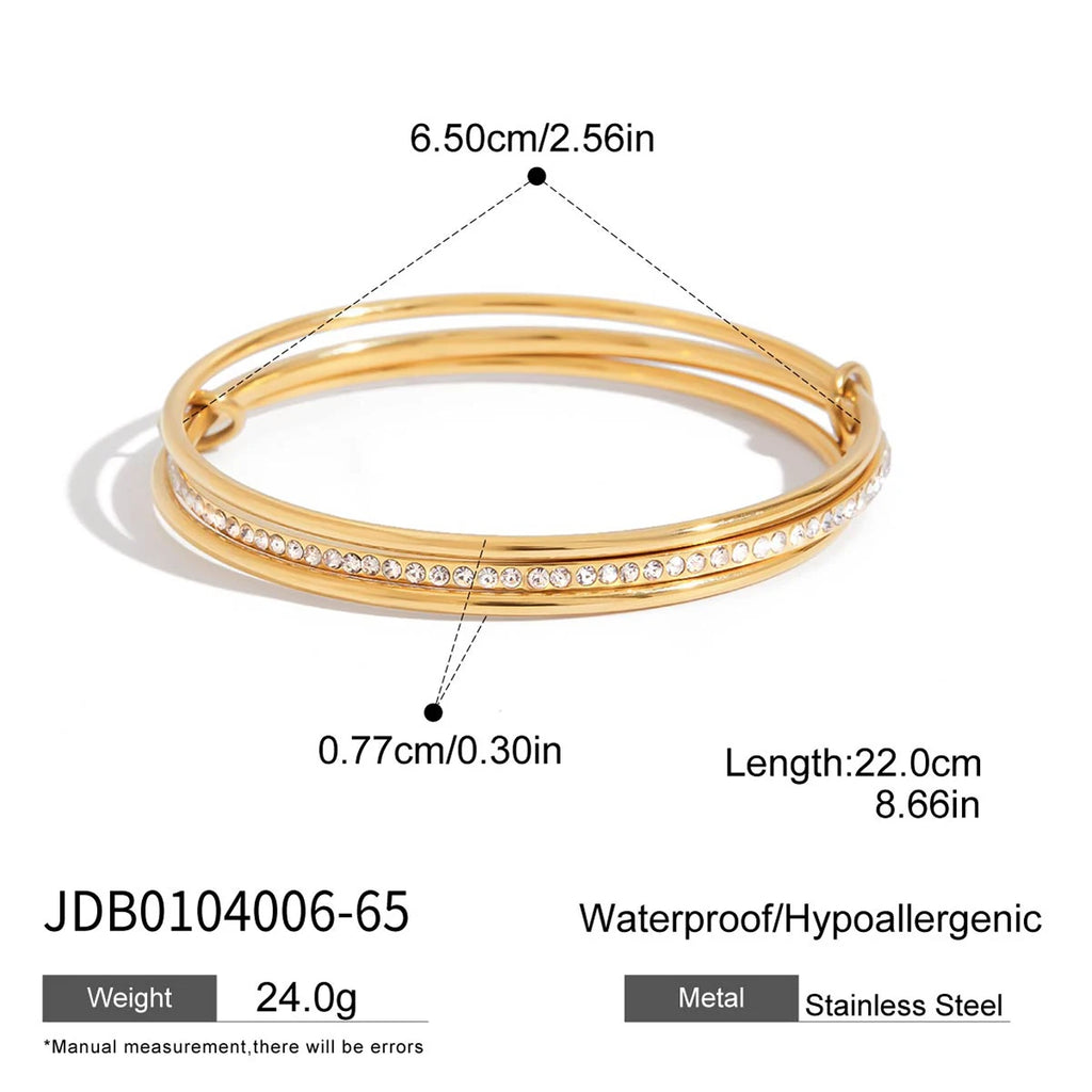 J&D Minimalist Multi Layers Bangle 18K Gold Plated Stainless Steel Trendy Classic Line 3 Layers 65mm Rhinestone Bangle