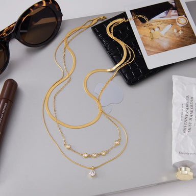 hree Layers Round Flat Snake Chain Necklace