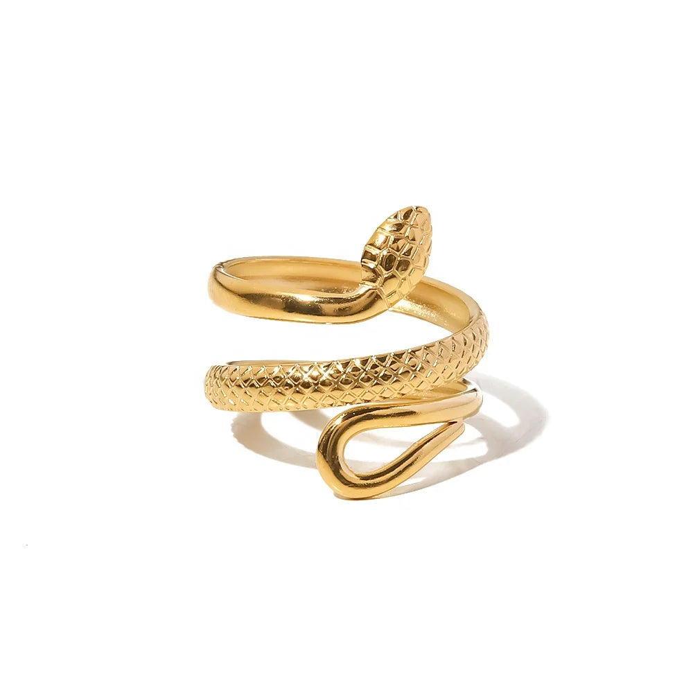Classic Texture Snake Design Layer 18K Gold Plated Stainless Steel Opening Rings Fashion Jewelry