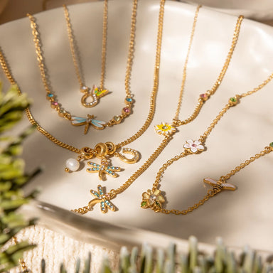 J&D Jewelry 18K Gold Plated Stainless Steel Yellow Enamel Daisy and Blue Rhinestone Dragonfly Station Necklace for Women