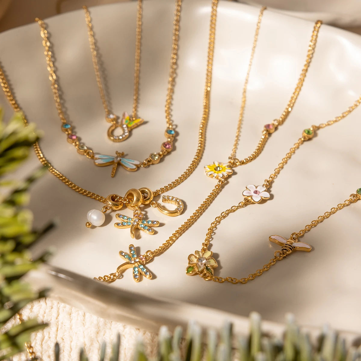 J&D Jewelry 18K Gold Plated Stainless Steel Yellow Enamel Daisy and Blue Rhinestone Dragonfly Station Necklace for Women