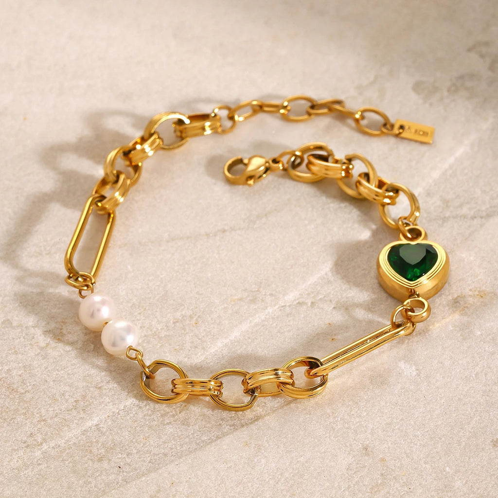 J&D Dainty 18k Gold Stainless Steel Pearl and Water Drill Freshwater Pearl Green Heart Bracelets