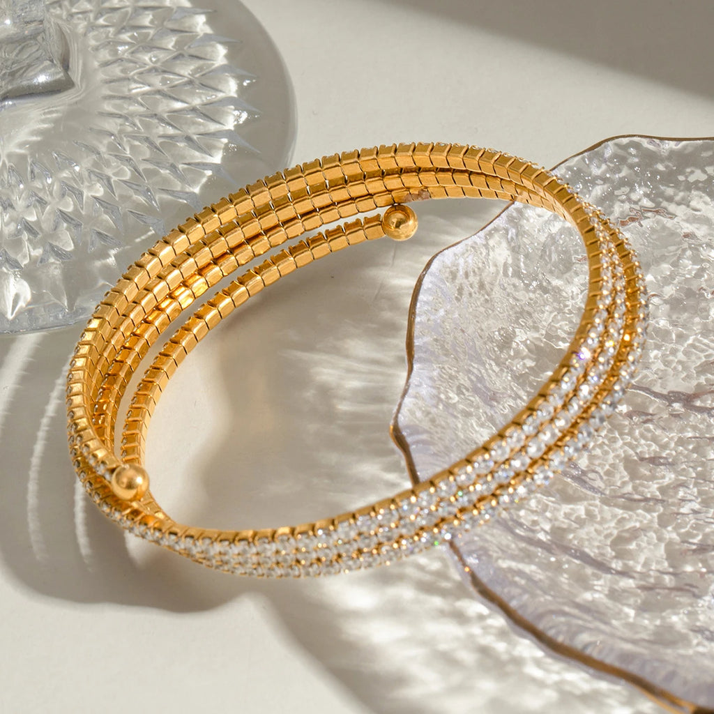 J&D 18k Gold Stainless Steel White Zircon Full Zircon Triple Layer Bracelet Luxurious Style Party Wearing