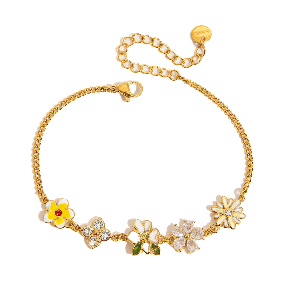 J&D Jewelry 18K Gold Plated Stainless Steel Enamel Flower Garden Charm Bracelet with Colorful Zircon for Women