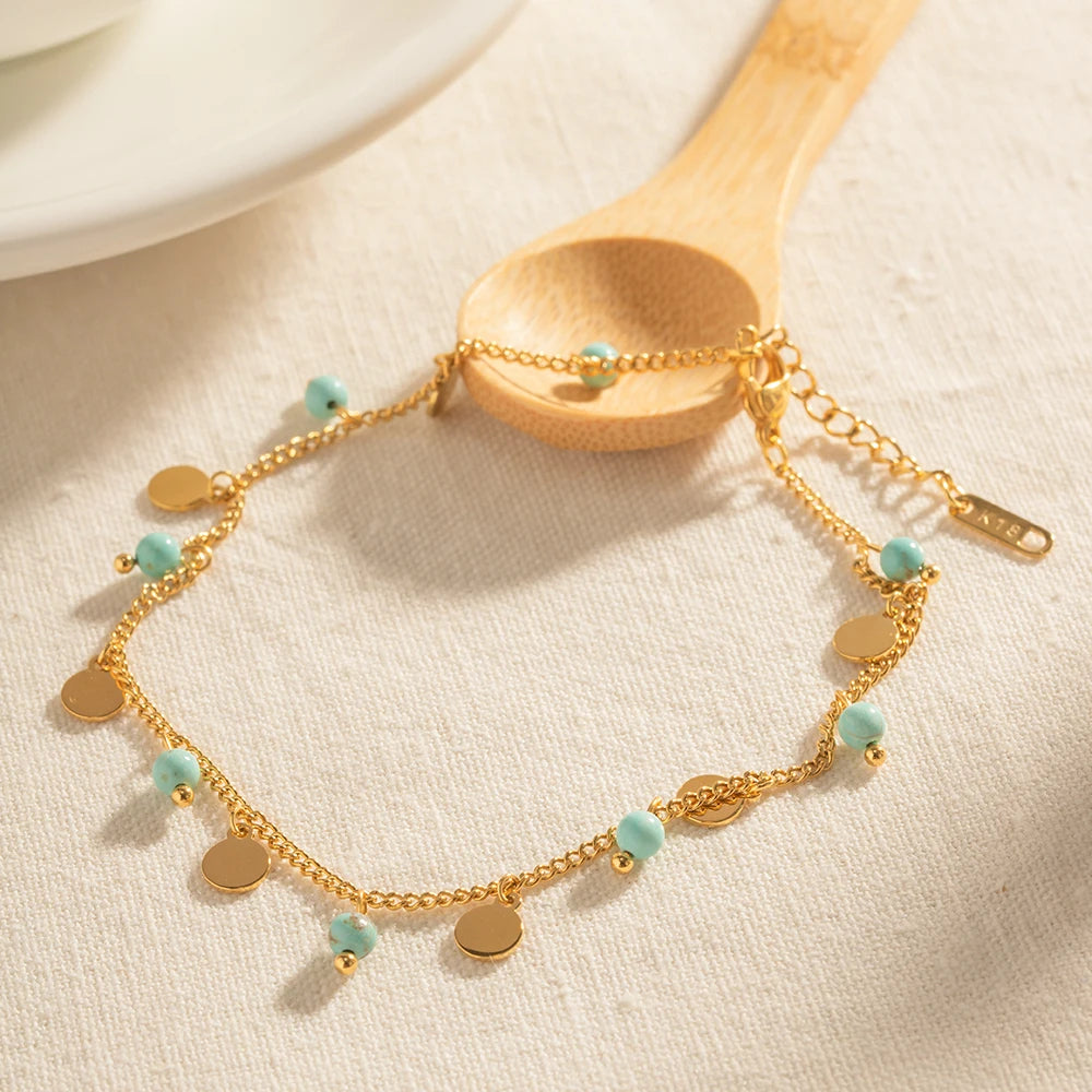 New Arrival Stainless Steel Anklet Beach Jewelry Gift Stainless Steel Turquoise Stone Pendant Seashell Charm Anklet