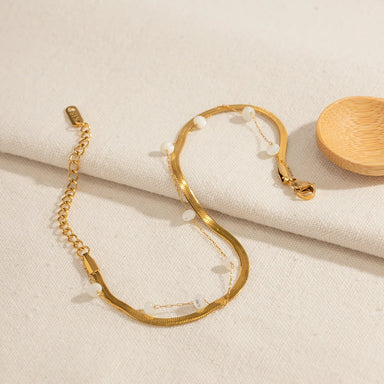 J&D Luxury Stainless Steel Gold Round Shell Pearl Snake Anklet Blade Flat Encryption Chain Anklet