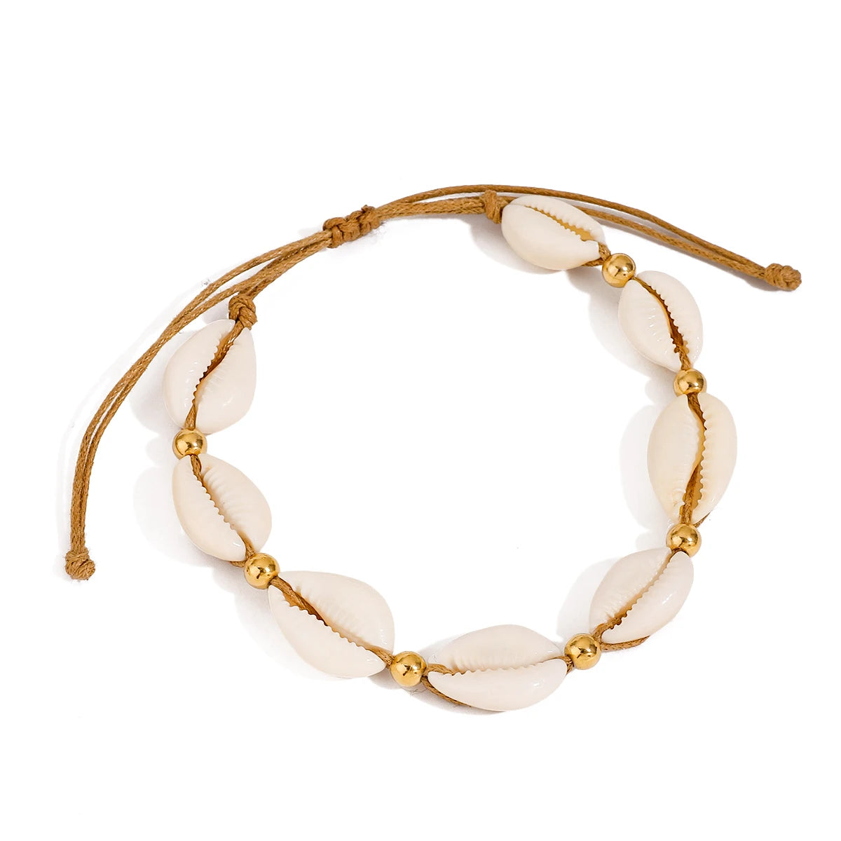 J&D Stainless Steel 18K PVD Plating Bead Beach Jewelry Nugget Shell Cord Braided  Adjustable Anklet