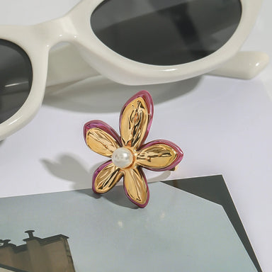 J&D 18K Gold Stainless Steel Adjustable Trendy Romantic Jewelry Pink Enamel Glass Pearl Flower Open Ring