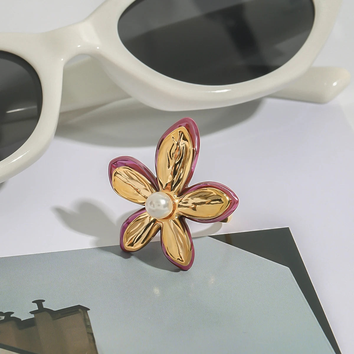 J&D 18K Gold Stainless Steel Adjustable Trendy Romantic Jewelry Pink Enamel Glass Pearl Flower Open Ring