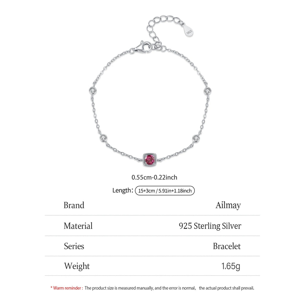 Ailmay Elegant 925 Sterling Silver Red Corundum Zircon Chain Bracelet Women's Simple Valentine's Day Birthday Gift