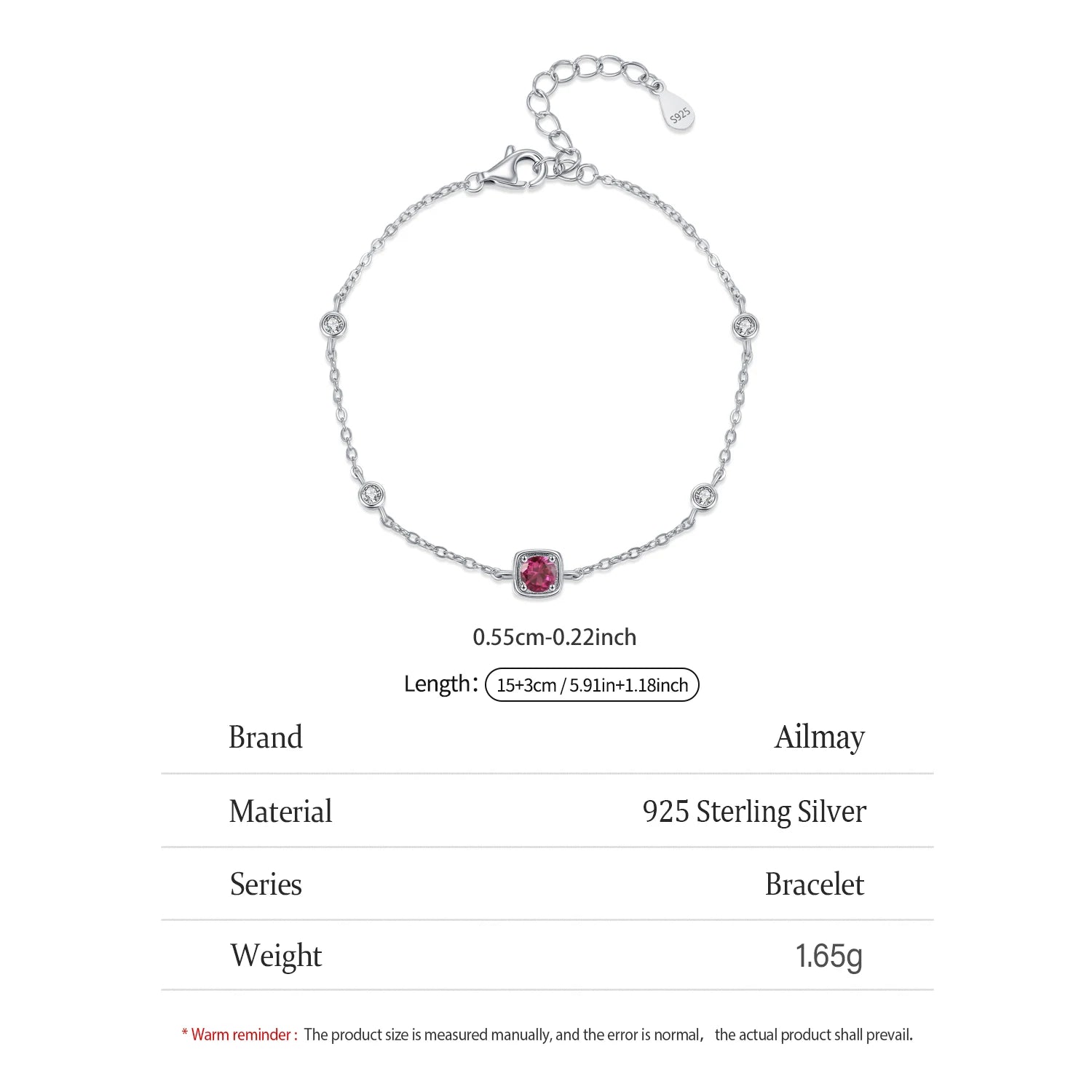 Ailmay Elegant 925 Sterling Silver Red Corundum Zircon Chain Bracelet Women's Simple Valentine's Day Birthday Gift