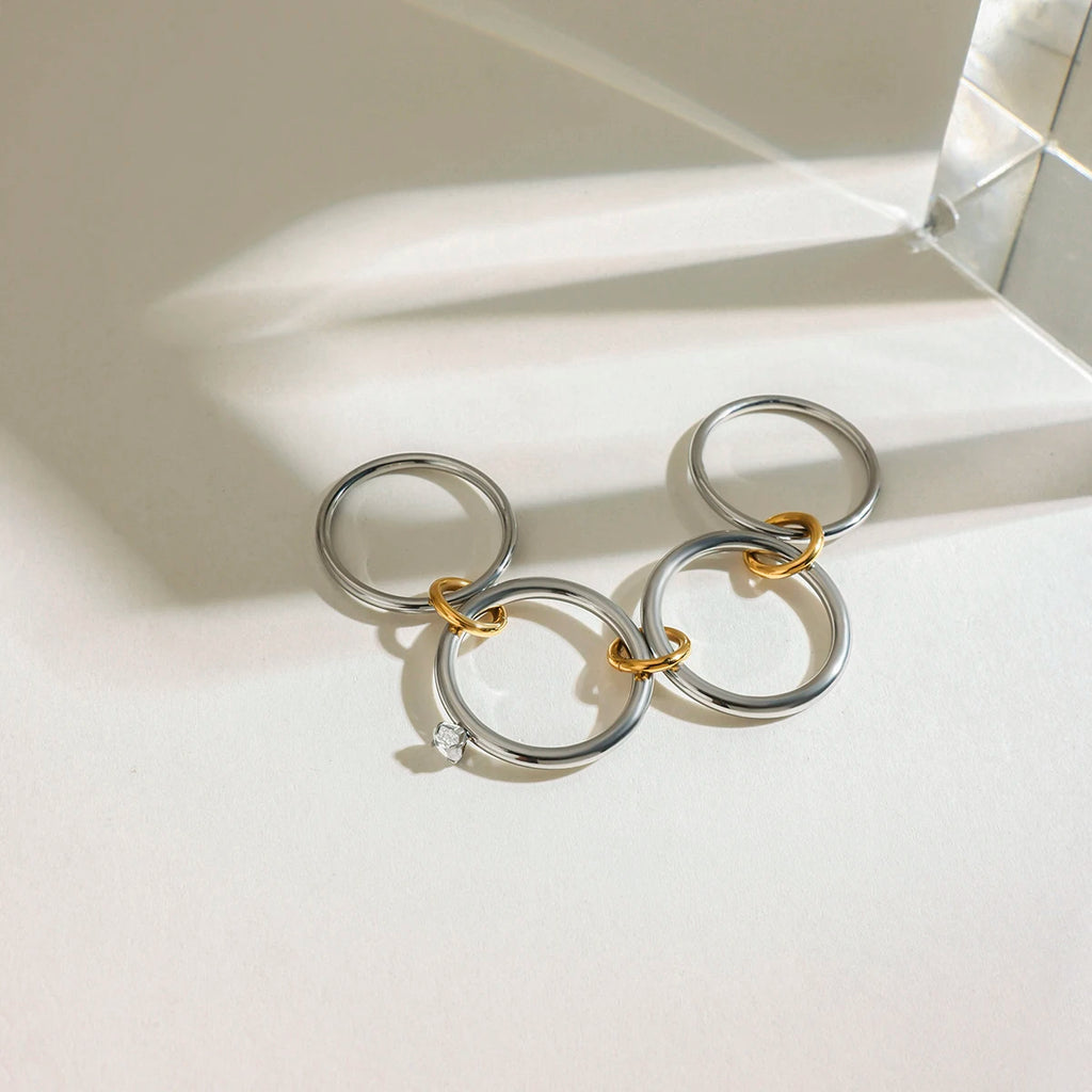 J&D Modern Minimalist 18K Gold Stainless Steel Two Tone Mosaic Multi-finger Zircon Link Rings